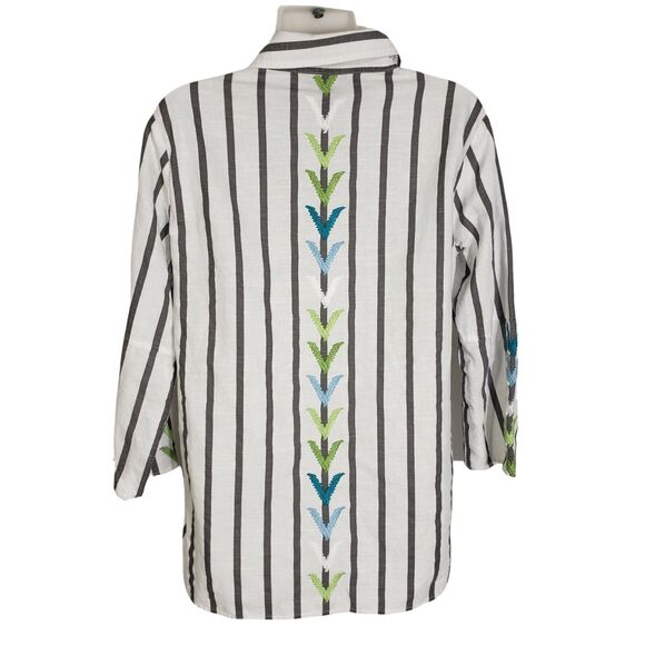 Sharon Young Womens Top Small Gray Striped 100% Linen Embroidered Button Up 3/4 - Picture 2 of 10